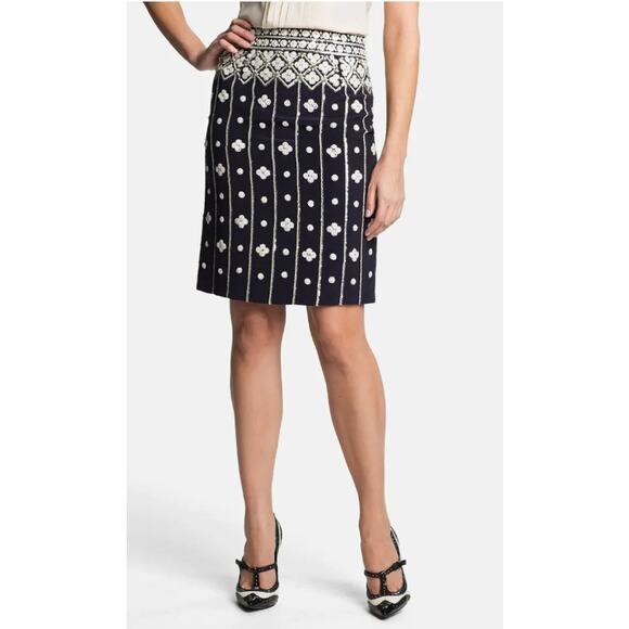 Tory Burch Amber Sequin Pencil Skirt Size 10 Navy Blue Silk Beaded